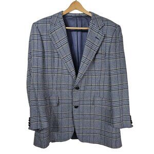 VTG 70s Chester Barrie Houndstooth Cashmere Blazer Sz 42S Blue Gray Quiet Luxury